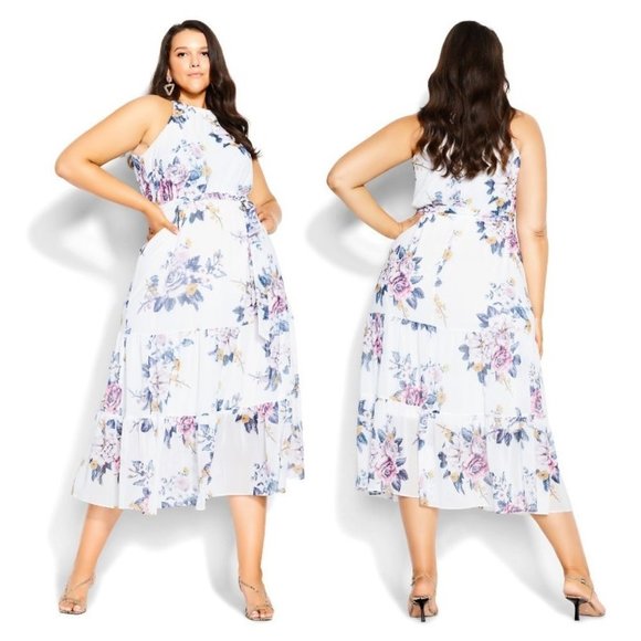 City Chic Women's Plus Size Halter Floral Print Teired Maxi Dress - Picture 1 of 7